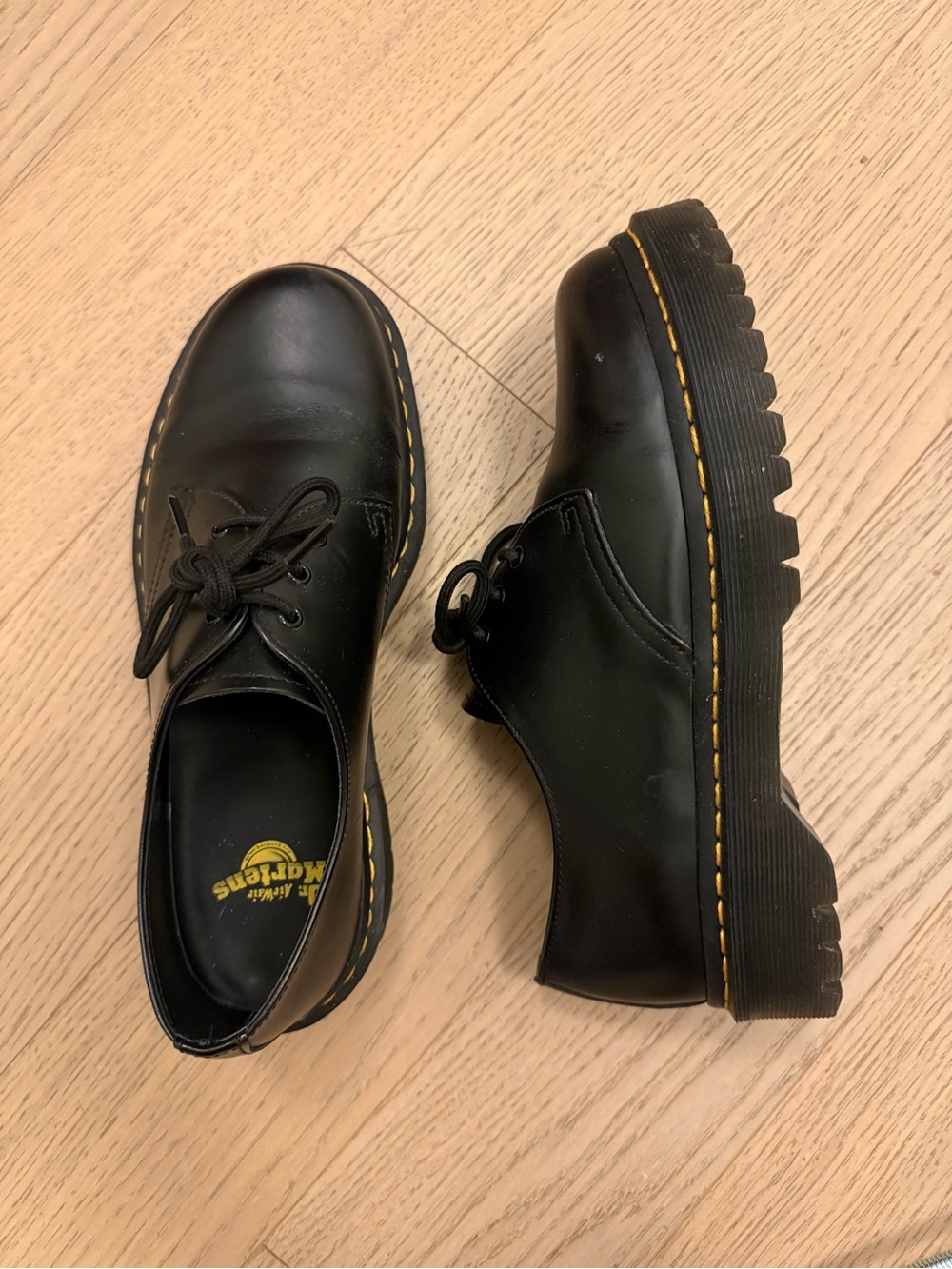 Dr. Martens Black Leather 3-Eye Lace-Up Oxfords with Yellow Stitching - Picture 2 of 3